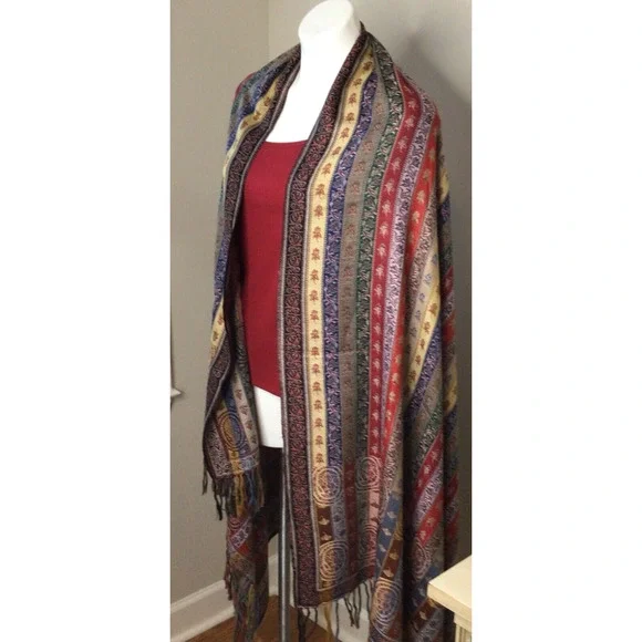 Colorful Striped Shawl/Wrap with Fringe Size 80 inches long by 40 inches wide - Picture 3 of 6